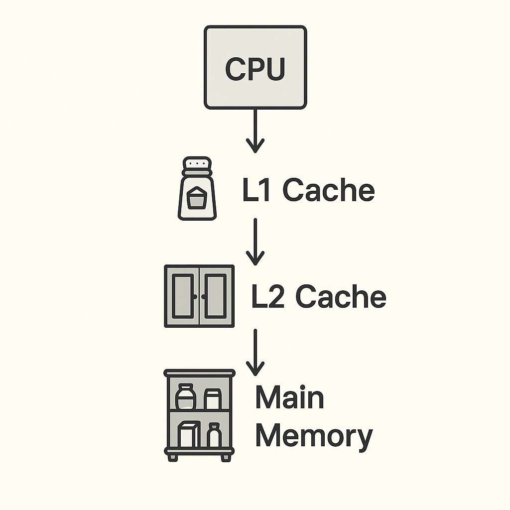 Diagram of cache hierarchy showing CPU, L1, L2, main memory