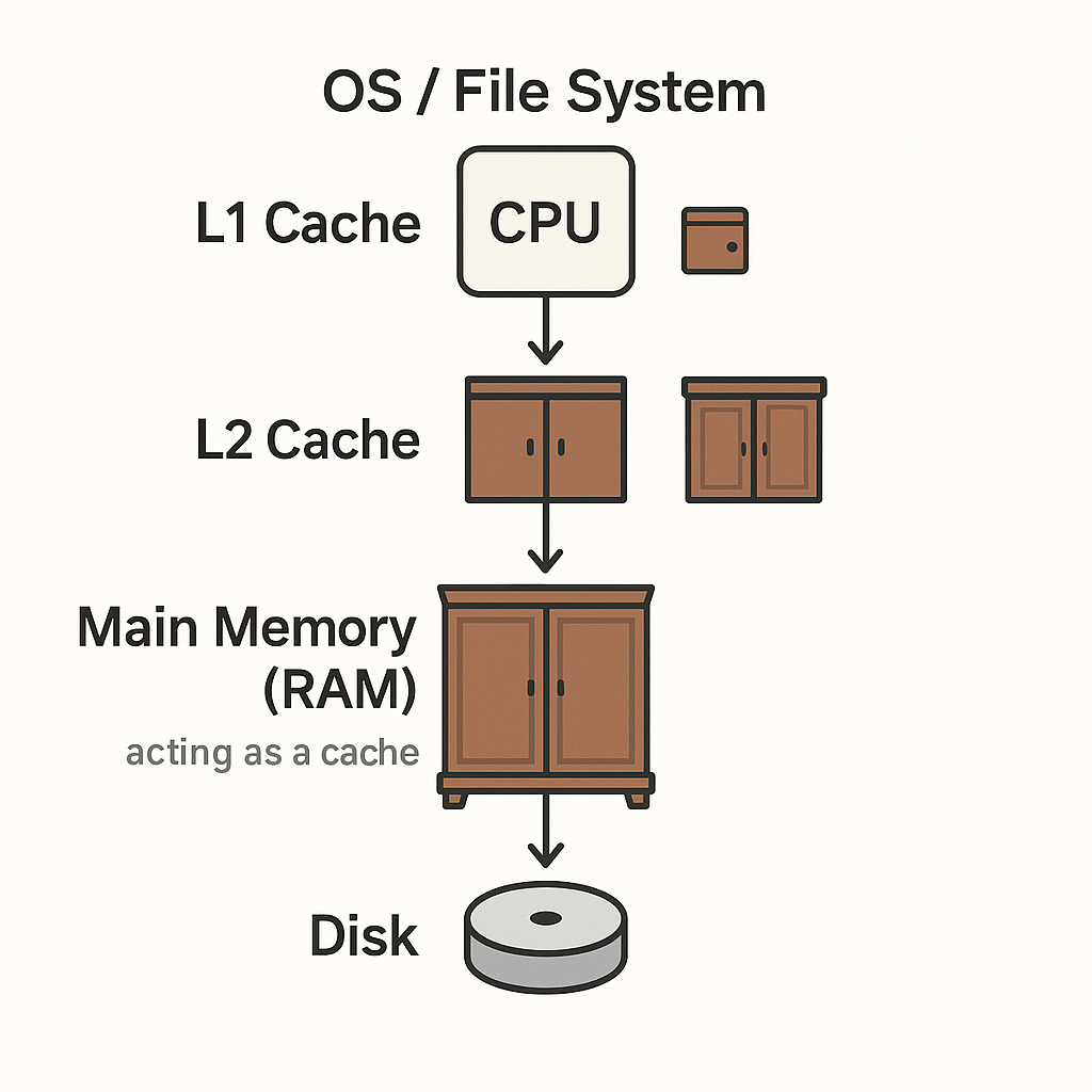 Diagram showing main memory as cache layer for OS VM and file system